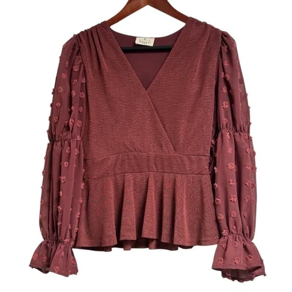 Anthropologie Ember Maroon Long Sleeve Textured Peplum Blouse Small - Picture 3 of 12